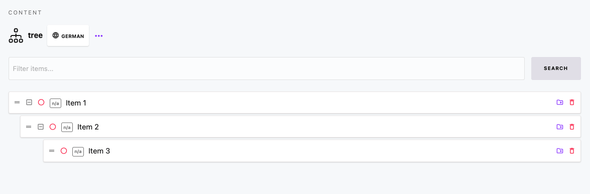 Screenshot of content items organized in a tree