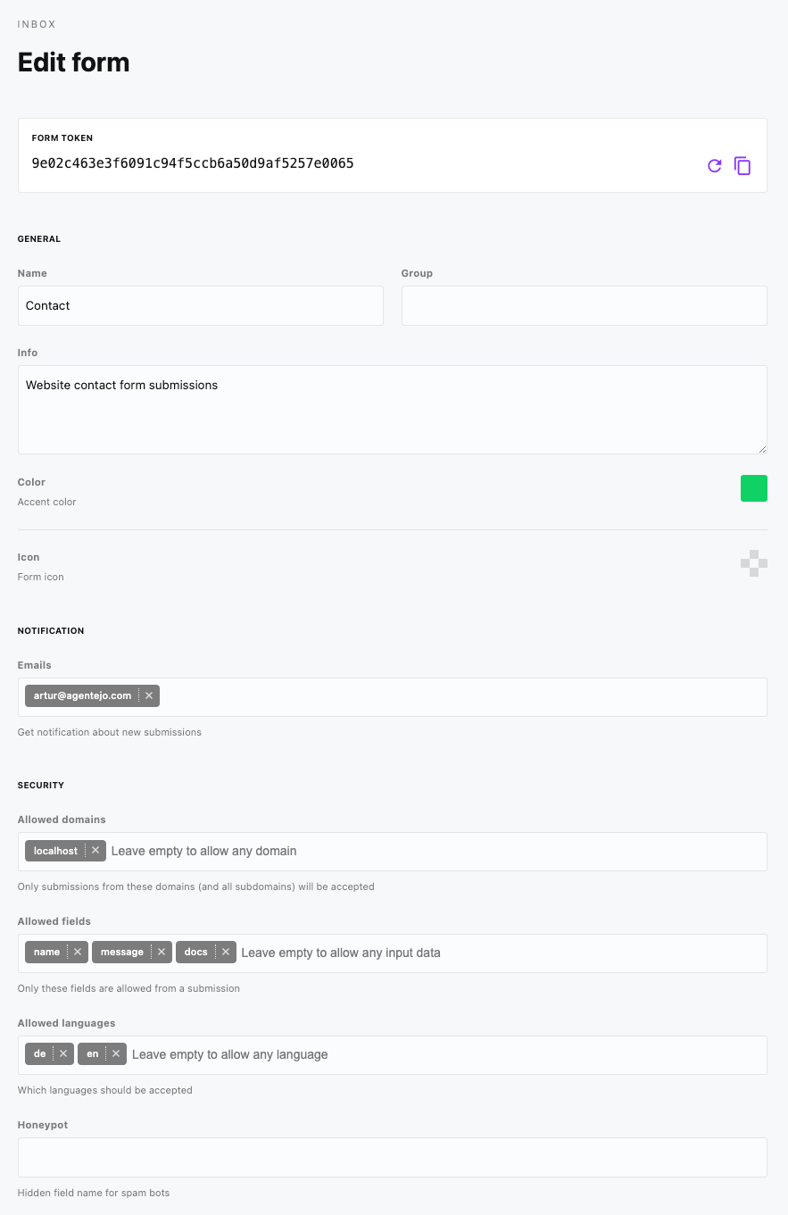 Screenshot of form settings
